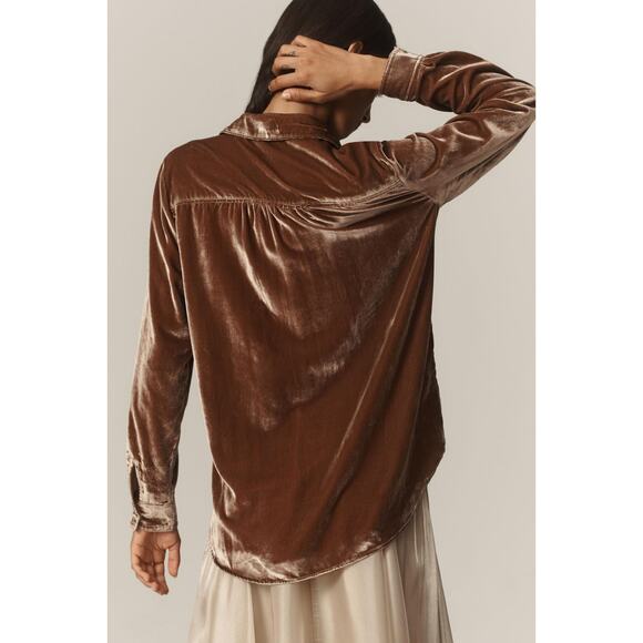 NWT Anthropologie The Hadley Relaxed Velvet Buttondown Shirt Sz XXS Taupe #8B503 - Picture 3 of 8